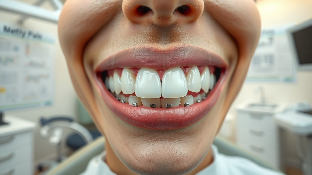 modern close-up of teeth with advanced clear, metal, and ceramic braces, dental office with orthodontic charts, patient in chair, detailed, soft ambient lighting