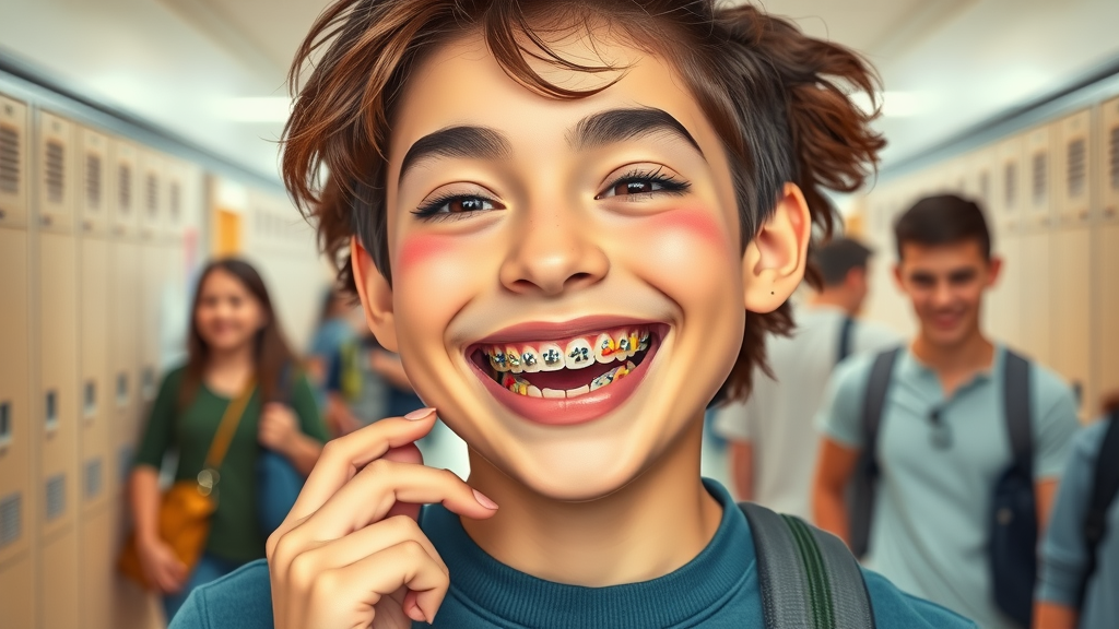 trendy teen smiling with customized low-profile braces, colorful bands, high school hallway, detailed, bright, friends in the background