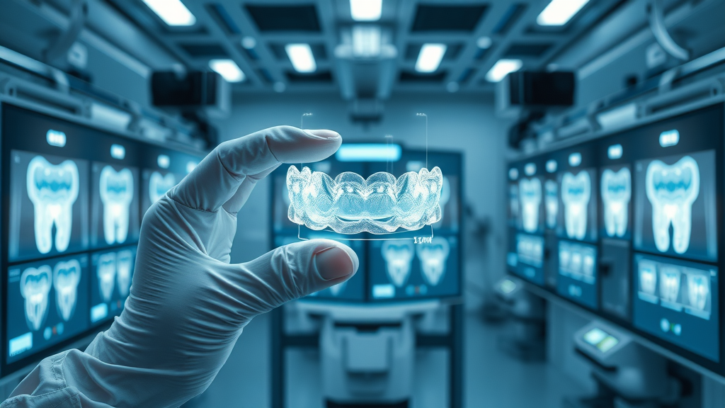 futuristic 3D printed clear aligner with holographic interface, innovative clinical lab, digital dental scans, blue and white gradients