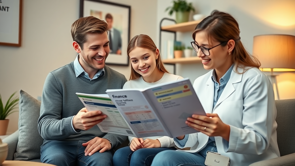 affordable payment plan consultation, parent and teenager reviewing orthodontic costs with expert orthodontist, cozy office, finance brochures, family engaging