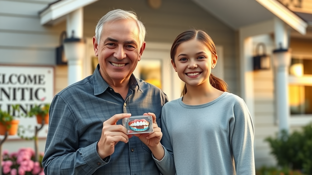 Smiling parent and teen with custom mouthguard at Murrells Inlet dental clinic