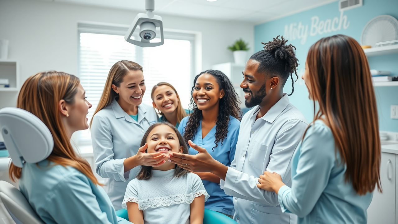 Bright dental office interior in Myrtle Beach showing friendly staff engaging with diverse patients, discussing braces and clear aligner options, with clean and modern décor.