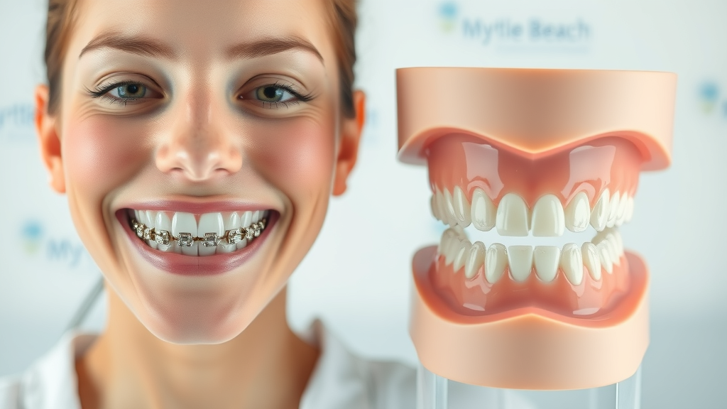 Side-by-side comparison of metal braces and transparent Invisalign aligners on dental models in a Myrtle Beach dental clinic.