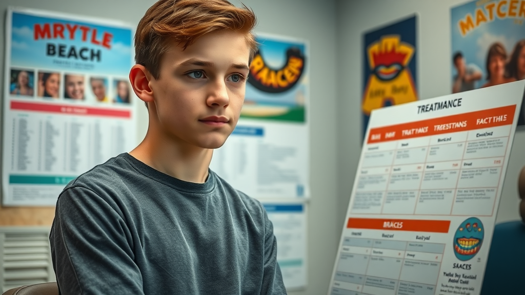 Thoughtful teenager looking at braces cost and pricing chart in a Myrtle Beach dental consultation room, evaluating orthodontic options.