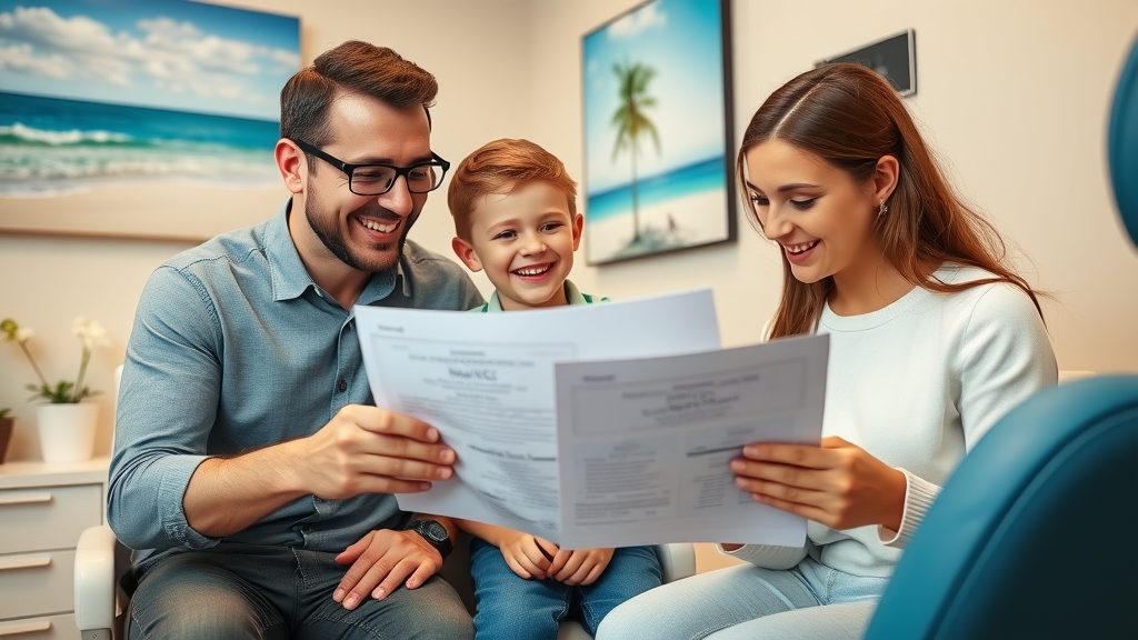 Happy Myrtle Beach family reviewing dental insurance documents with an orthodontist, discussing payment plan options in a bright consulting room.