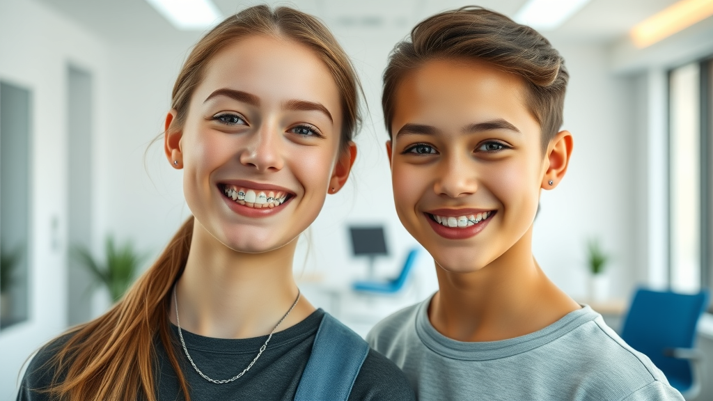 Teenagers comparing metal braces and clear aligners in a modern orthodontic clinic, braces vs. aligners for teenagers: which works best?