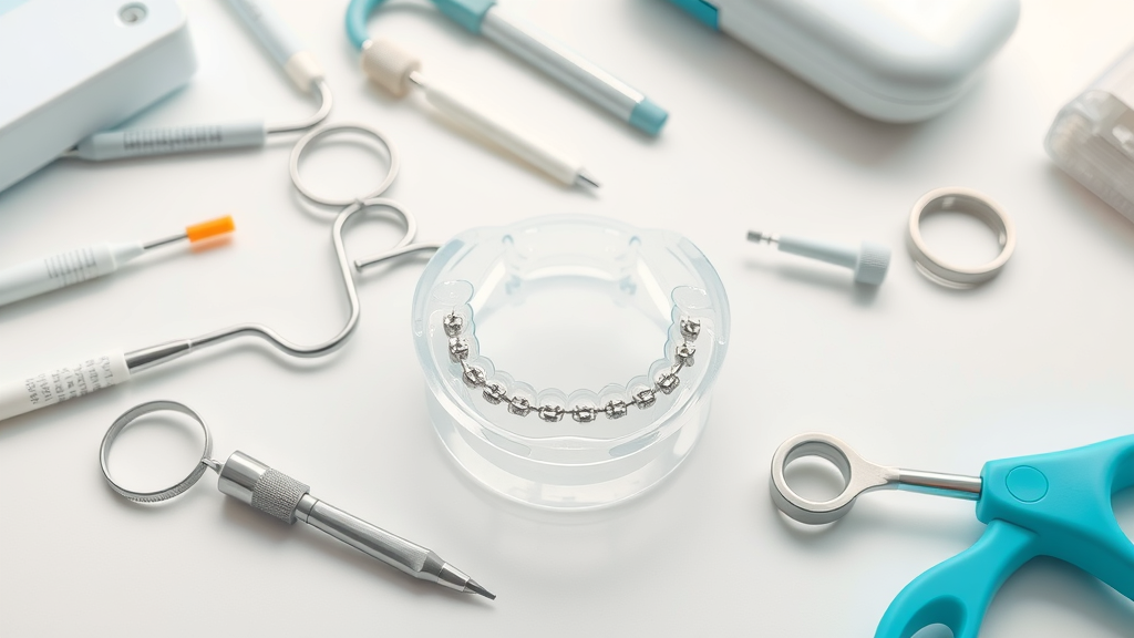 Orthodontic tools, metal braces, and clear aligners on a dental desk, braces vs. aligners for teenagers: which works best?