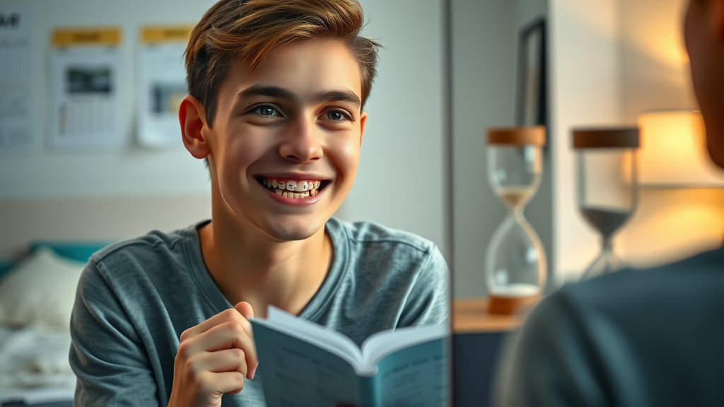 Teen with braces considering treatment time for braces vs. aligners for teenagers