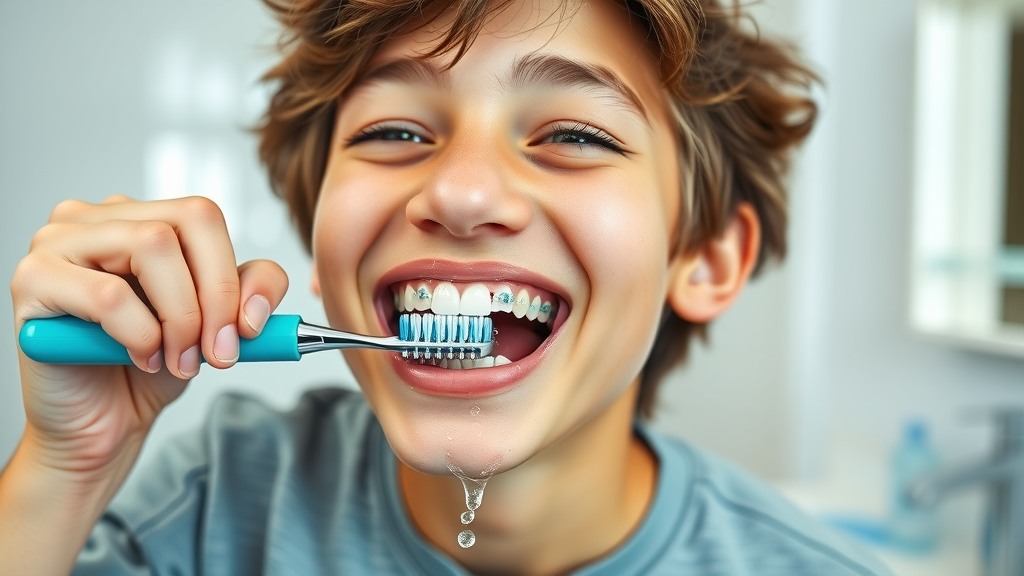 Teen maintaining oral hygiene with metal braces while clear aligner case rests on bathroom counter, braces vs. aligners for teenagers