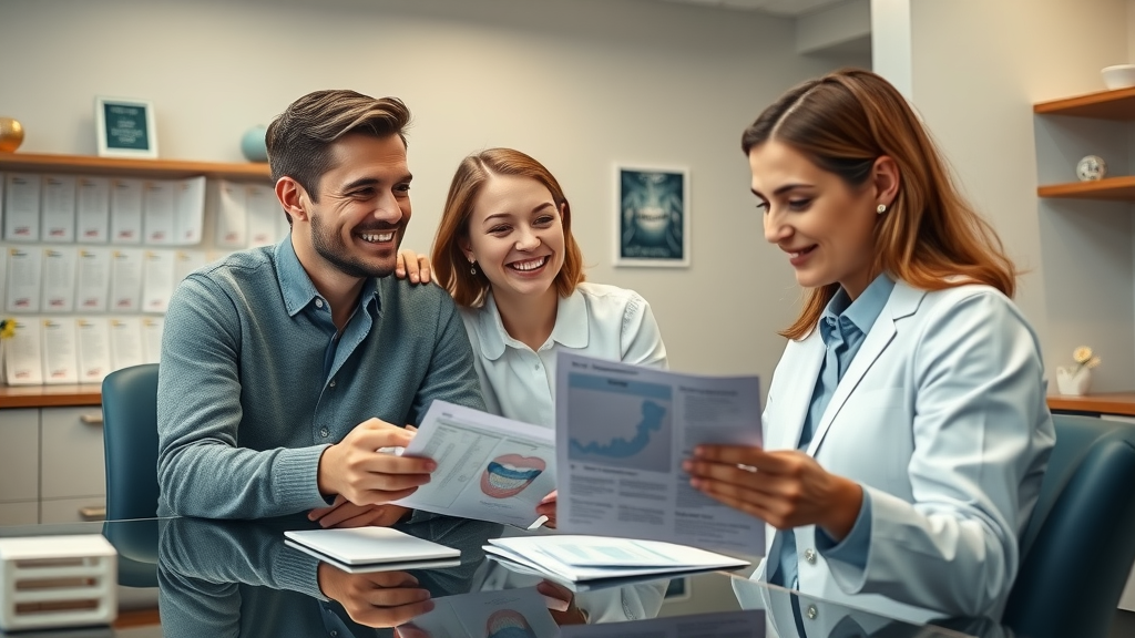 Parents and teen discussing braces vs. aligners treatment costs with orthodontist, braces vs. aligners for teenagers