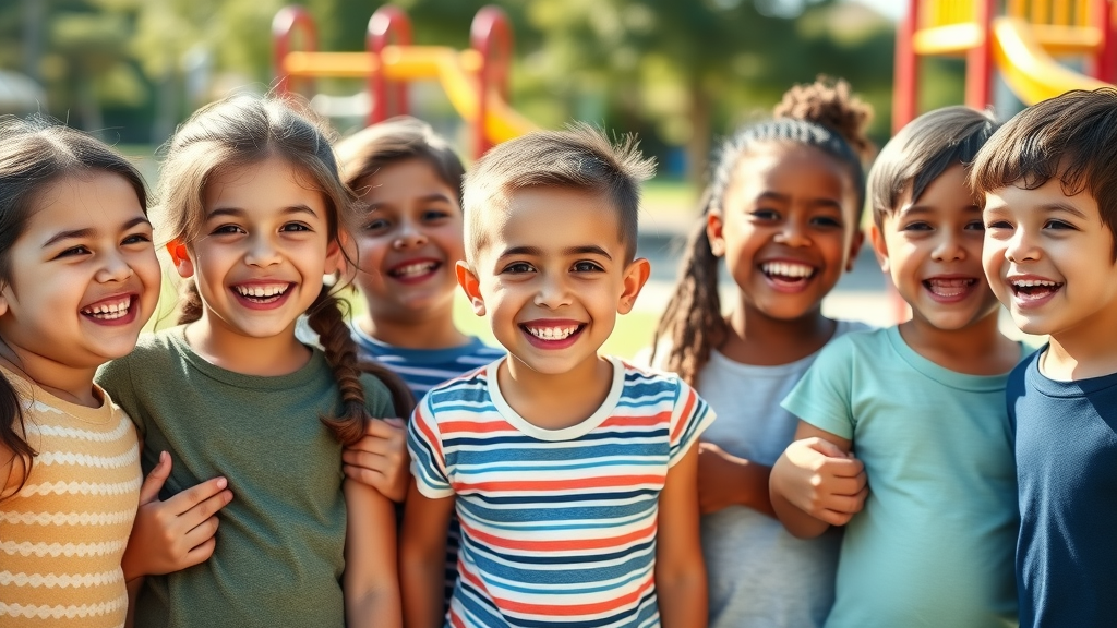 friendly group of diverse school-age children with bright smiles at a park in Conway SC, some with braces, highlighting early orthodontic treatment benefits