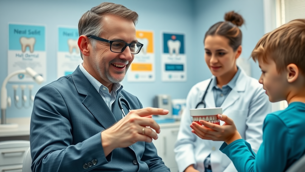 sympathetic orthodontist in Conway SC explains early orthodontic care to parents and a smiling child in a modern clinic