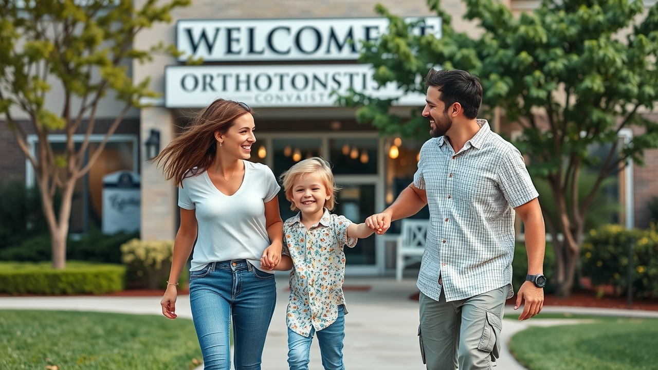 happy Conway SC family walking hand-in-hand in front of local orthodontic office, symbolizing bright healthy smiles for their child