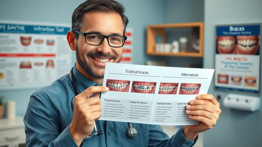 Confident orthodontist comparing traditional metal braces and alternatives in Myrtle Beach clinic, with chart and educational braces samples