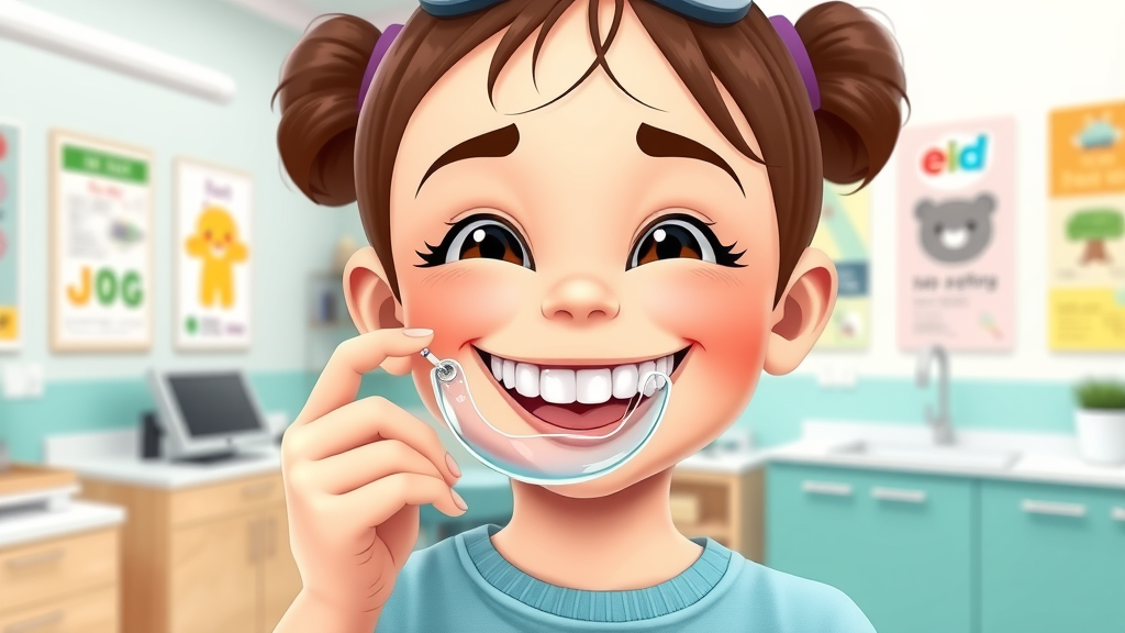 Smiling girl holding a clear aligner in a bright Myrtle Beach orthodontist office, showcasing Invisalign and clear aligner options for kids