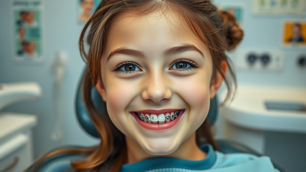 Confident preteen girl with traditional metal braces, calm and smiling in a Murrells Inlet orthodontic office
