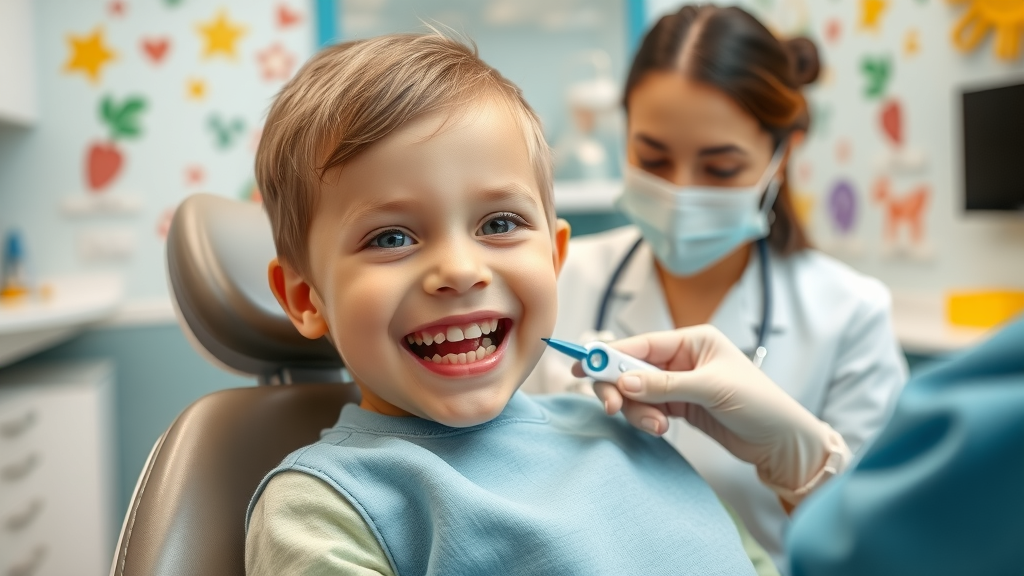 Happy child undergoing early pediatric orthodontic assessment in Murrells Inlet, smiling in a playful dental office