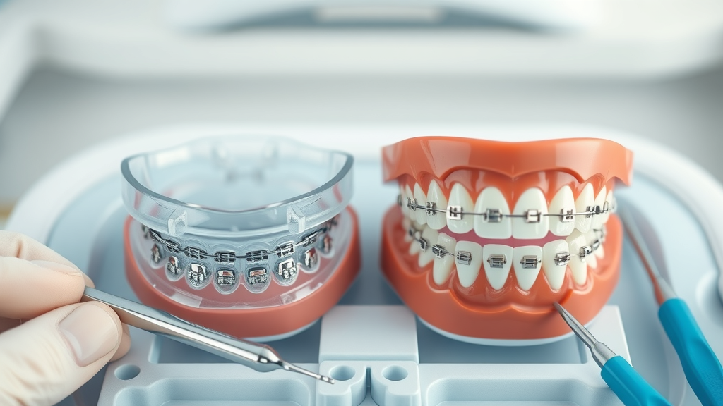 comparison between traditional metal braces and clear aligners for treatment time, dental tools side by side