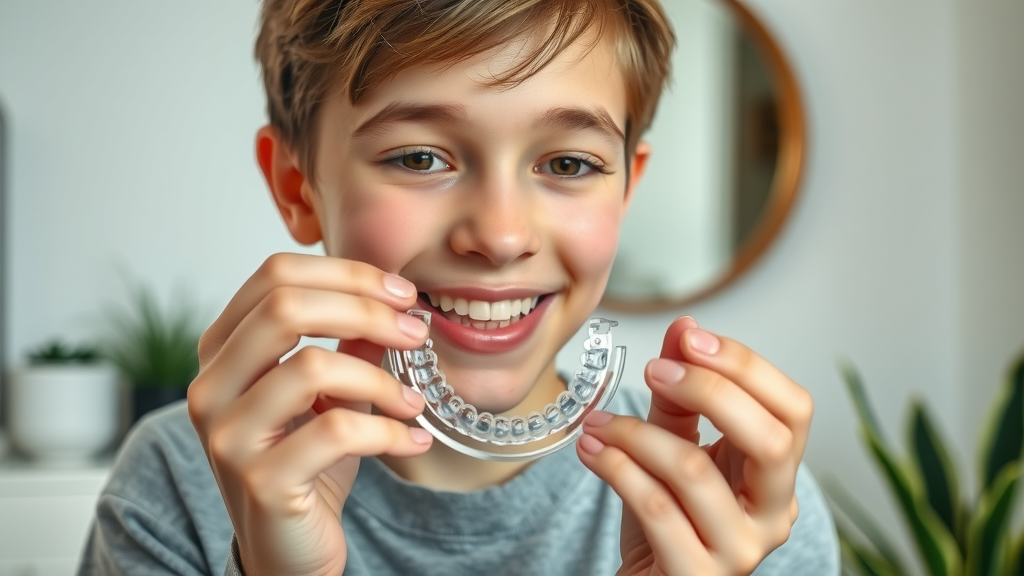 optimistic teenager examining clear aligners and learning if aligners work faster than braces, home mirror bathroom scene