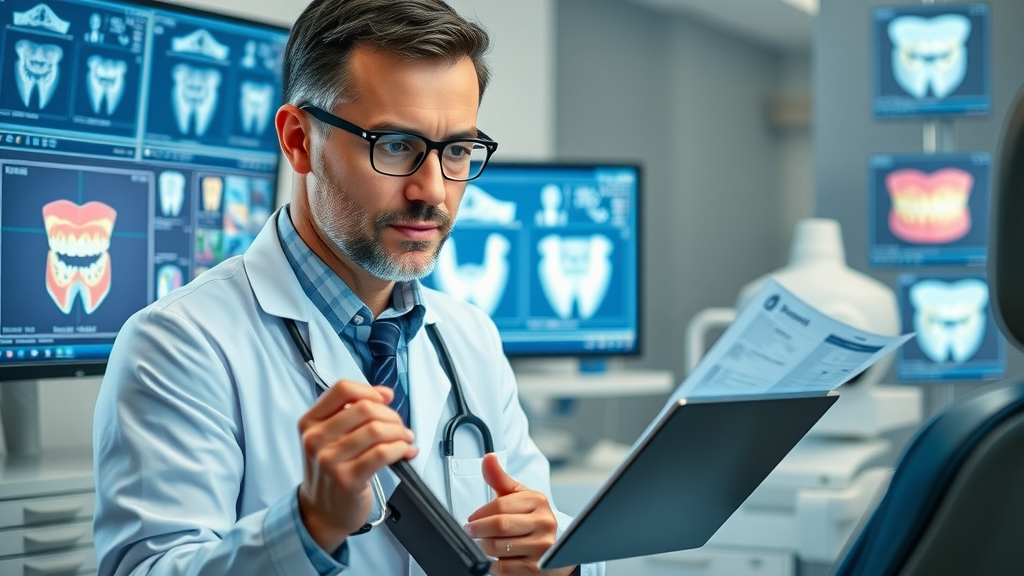 thoughtful orthodontist analyzing digital images and 3D scan models to determine if aligners work faster than braces