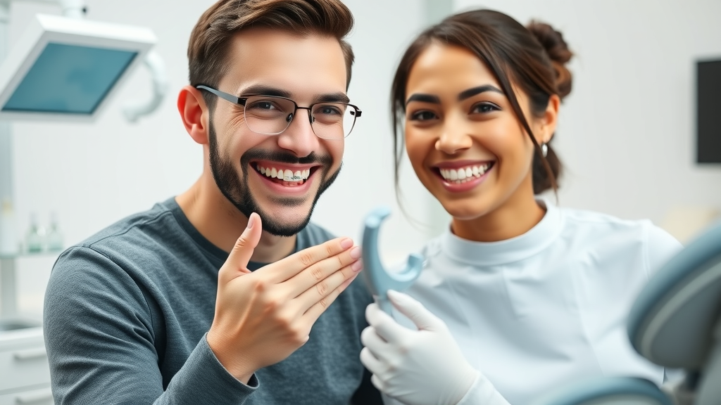 Adult comparing braces and clear aligners during dental consultation in modern bright dental office, highlighting decision-making for orthodontic treatment options