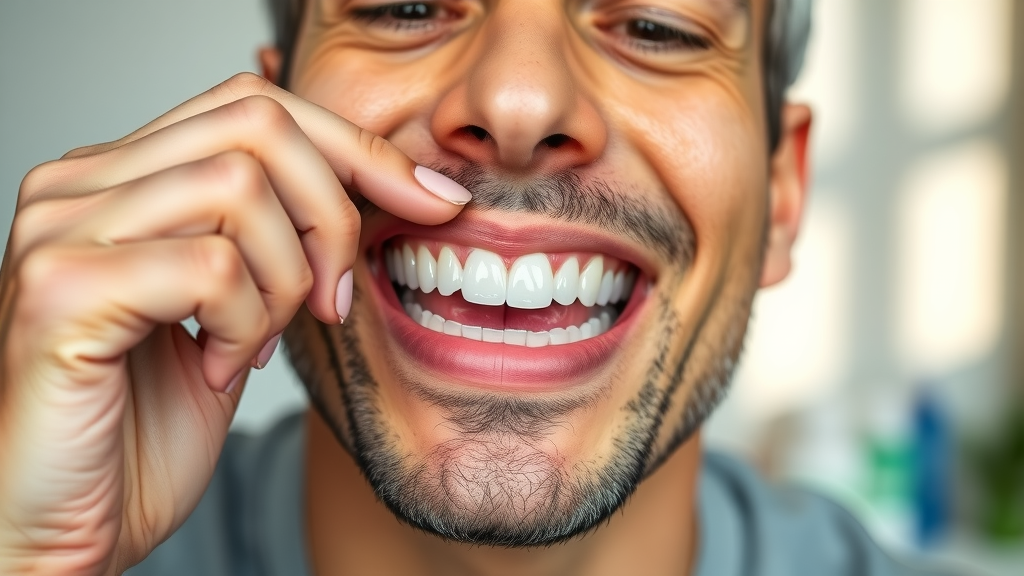 Adult placing clear aligner tray onto upper teeth, applying gentle pressure, hygiene products and morning light in background for orthodontic treatment