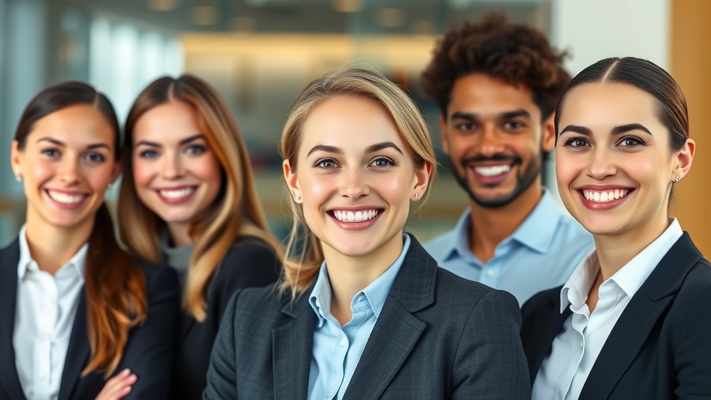 Adults in professional attire confidently smiling with traditional braces, ceramic braces, and clear aligners visible, showcasing discretion for workplace