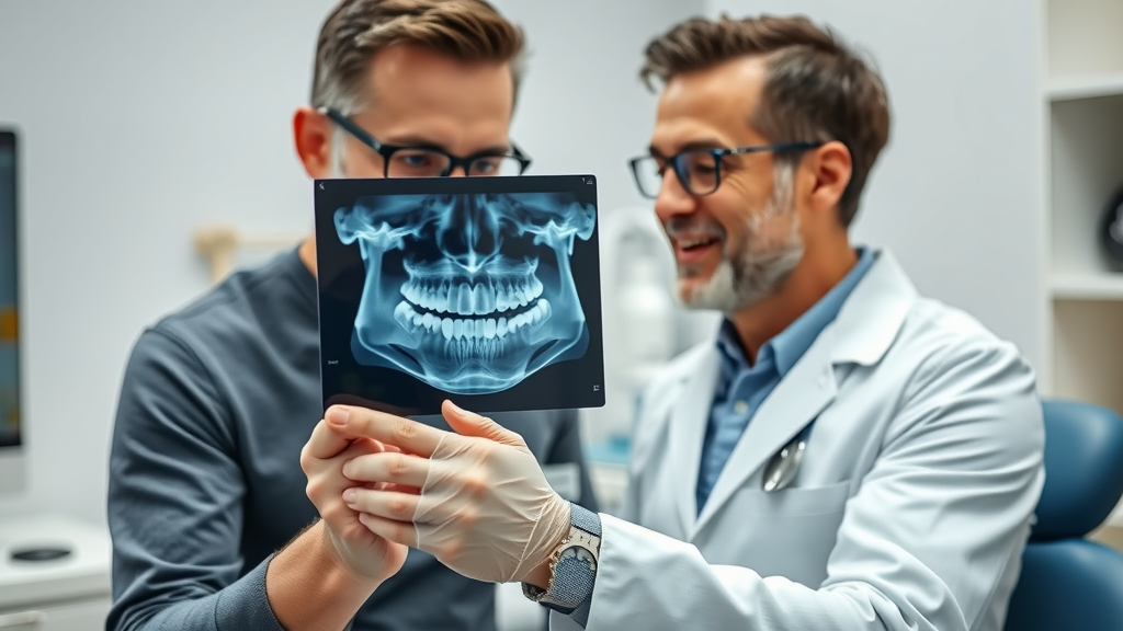 Orthodontist examining X-ray or digital scan to address complex bite issues for adult patient, modern dental technology in clinic