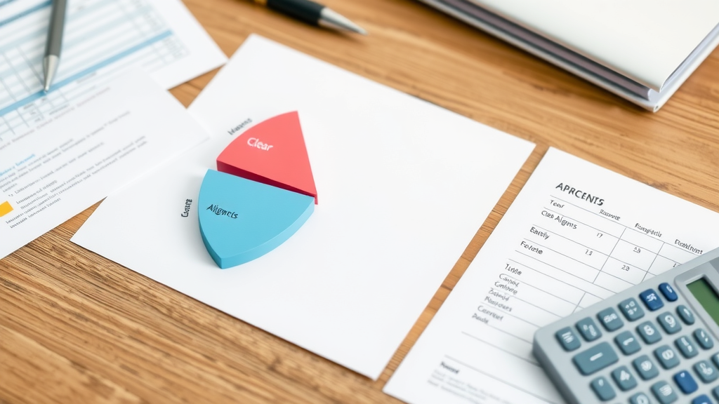 Pie chart illustrating cost breakdown of traditional braces, clear aligners, and ceramic braces, financial paperwork and calculator on desk