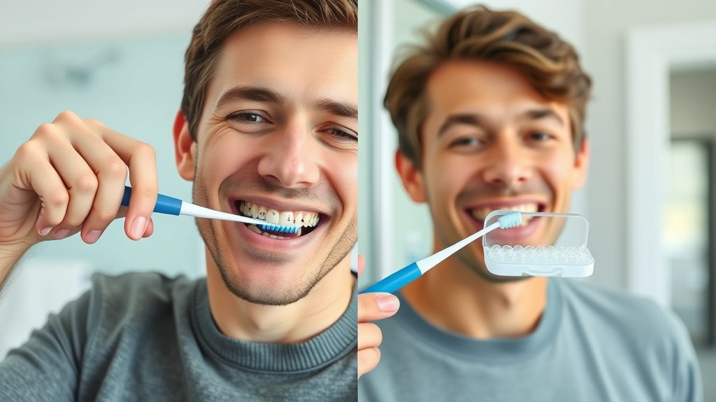 Adult brushing teeth with braces and another with clear aligner case, split-scene bathroom background to compare daily oral hygiene routines