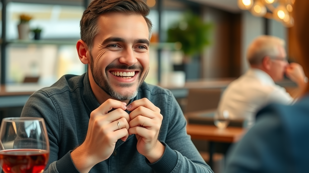 Adults at a restaurant, one discreetly removing clear aligner before meal, highlighting lifestyle convenience and orthodontic choices