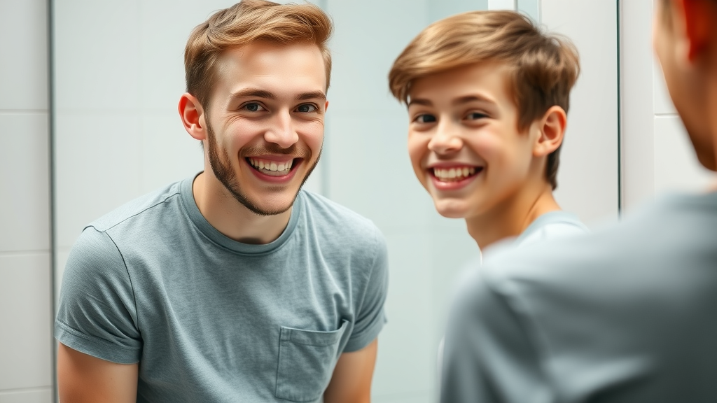 Adult and teen examining orthodontic results in bathroom mirror, reflecting similarities and unique needs in adult and teen orthodontic treatment choices