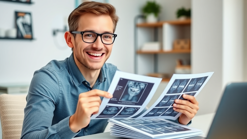 Confident adult making an informed orthodontic decision, dental X-rays and brochures on modern office desk, smiling