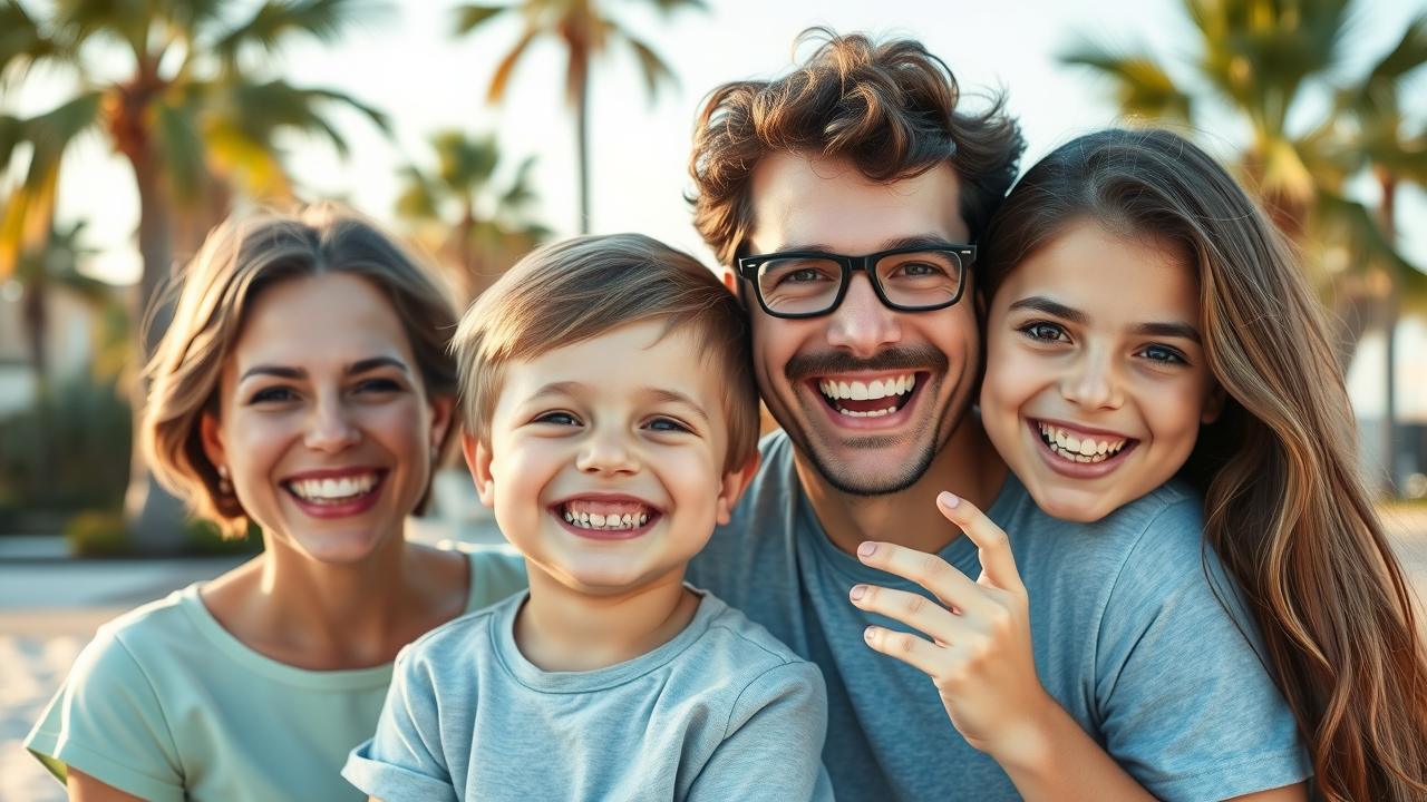 cheerful Myrtle Beach family smiling together, young child showing a dental appliance, orthodontic expanders explained Myrtle Beach