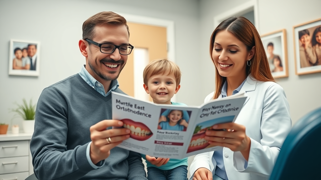 Myrtle Beach orthodontist showing palate expander brochure to parents and child