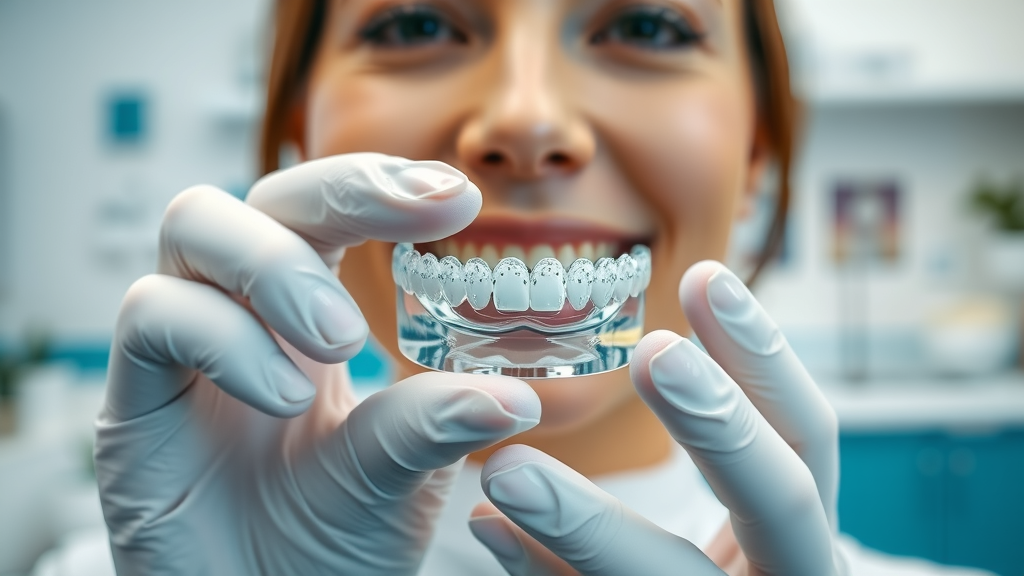 realistic close-up of a clean Invisalign clear aligner held up in gloved hands in a Myrtle Beach dental clinic, showing tray transparency and cleanliness