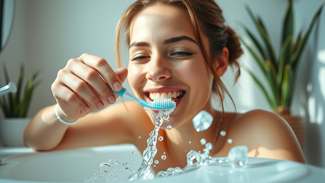 Bright and detailed scene showing a daily Invisalign cleaning routine in a Myrtle Beach bathroom, with a person cleaning a clear aligner using a soft toothbrush and foaming cleanser