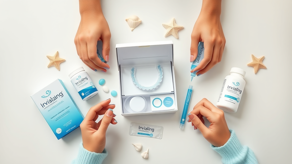 Flat lay of Invisalign cleaning products including Steraligner, Retainer Brite, and homemade cleaning supplies, on a Myrtle Beach-themed background with seashells