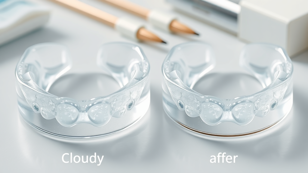 Macro photo comparing a cloudy Invisalign clear aligner tray and a sparkling clean tray, demonstrating the effect of proper cleaning for Invisalign users in Myrtle Beach