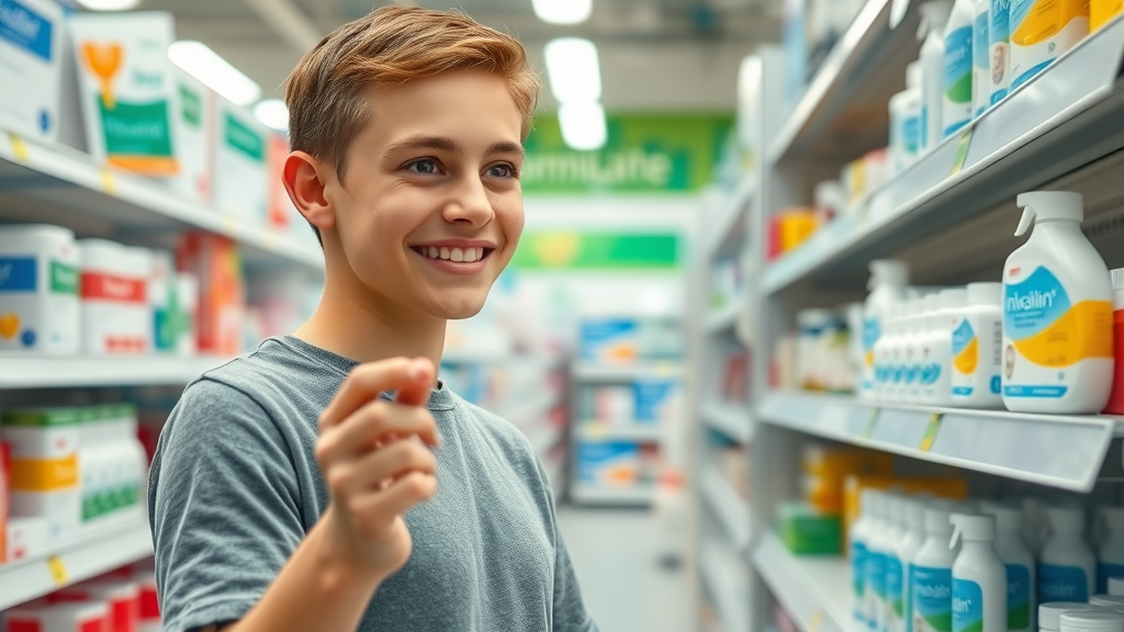 Young Invisalign user in a Myrtle Beach store aisle, selecting aligner cleaning products from a well-stocked shelf with friendly local pharmacy atmosphere