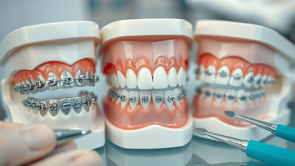 detailed close-up of three types of braces—metal, ceramic, and lingual—on dental models in a Myrtle Beach orthodontic office