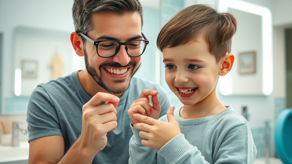 parent helping young child floss braces with a floss threader in a North Myrtle Beach family bathroom
