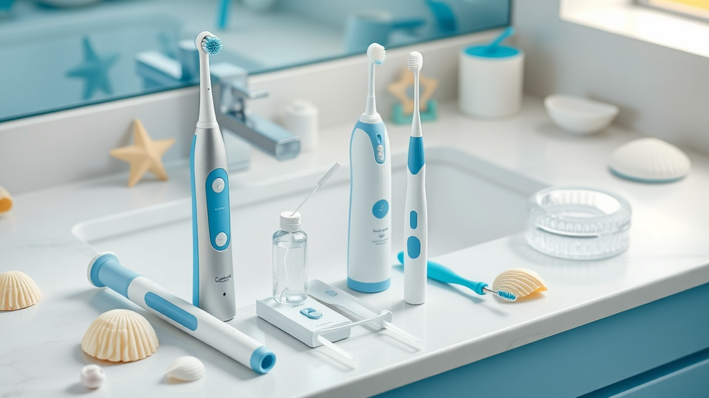 dental care tools for braces including electric toothbrush, interdental brushes, water flosser, and floss threaders arranged on a North Myrtle Beach-style bathroom countertop