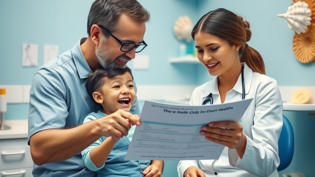 sympathetic North Myrtle Beach dentist explaining oral health tips to child with braces and parent in a cozy, beach-themed dental clinic