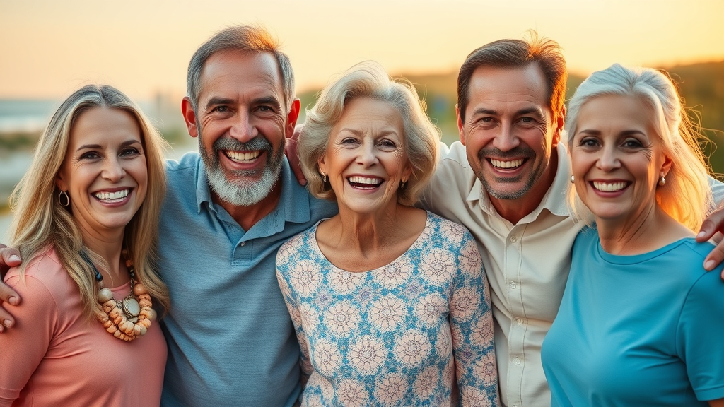 North Myrtle Beach family of three generations smiling together with healthy teeth in a coastal park at sunset