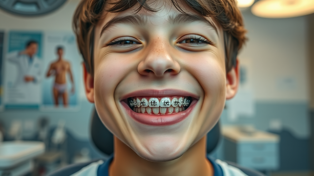 Close-up of traditional braces on a smiling teen in Myrtle Beach clinic, confident and happy.