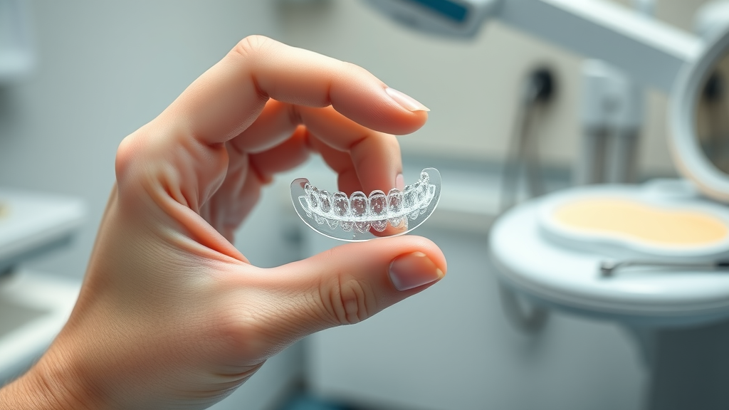 Hand holding a clear Invisalign aligner in a modern Myrtle Beach dental office, showing gentle and professional care.