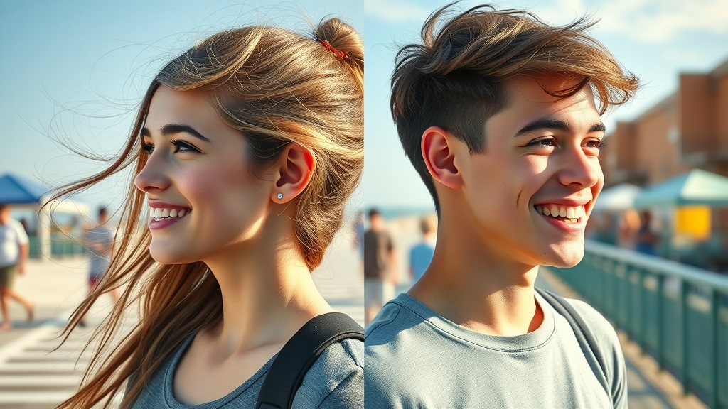 Side-by-side profiles of young adults with clear aligner and metal braces at Myrtle Beach boardwalk, showcasing real-world lifestyle.
