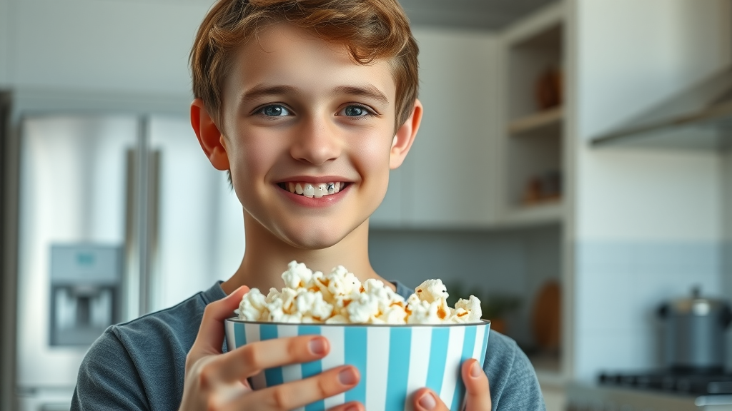 Teen with braces looking at bowl of popcorn, learning about foods to avoid with braces