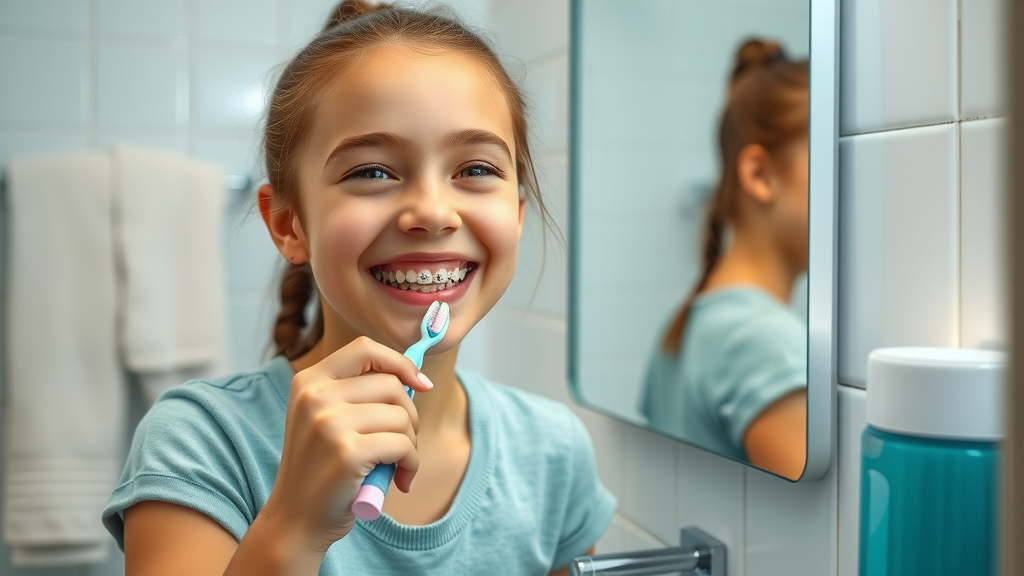 Girl with braces brushing her teeth for better oral hygiene